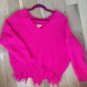 Main Strip Hot Pink V-Neck Frayed Sweater with Fringe Size Small